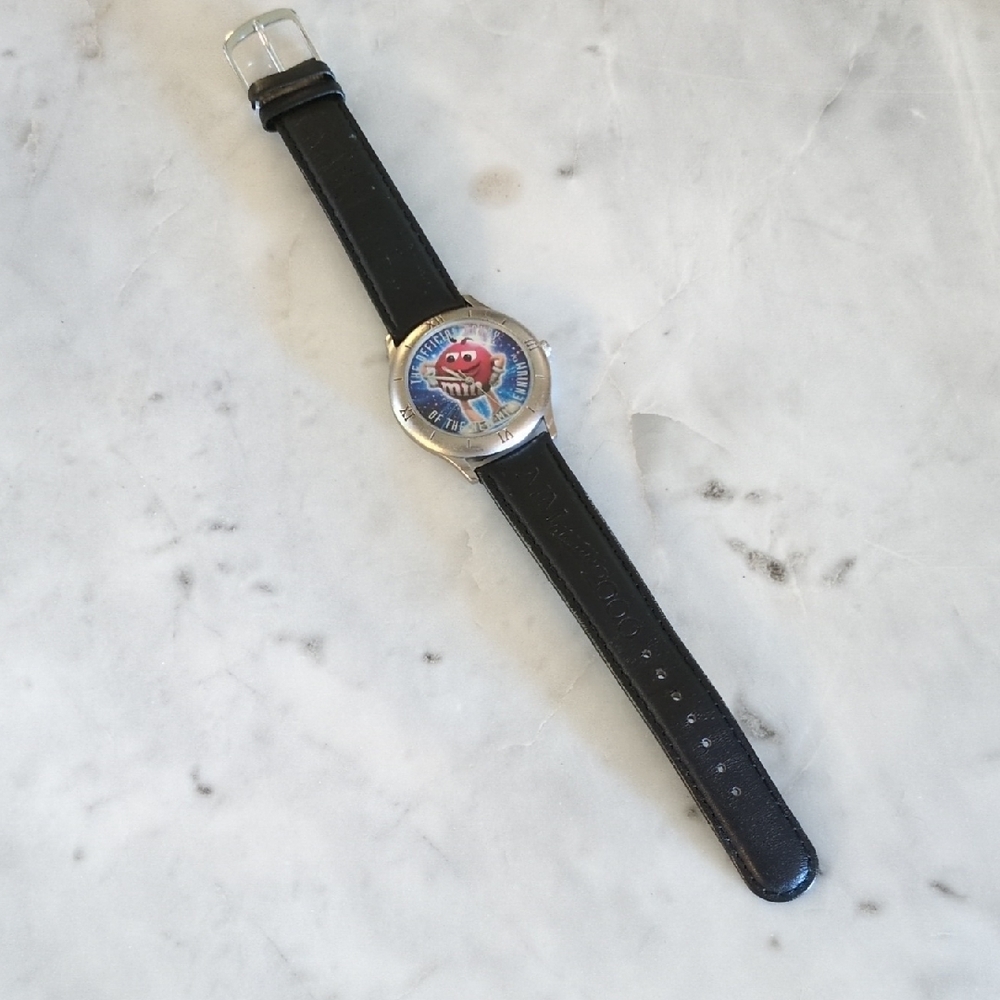 Vintage 1998 Millennium M&M'S Black and Silver Watch with Leather Strap